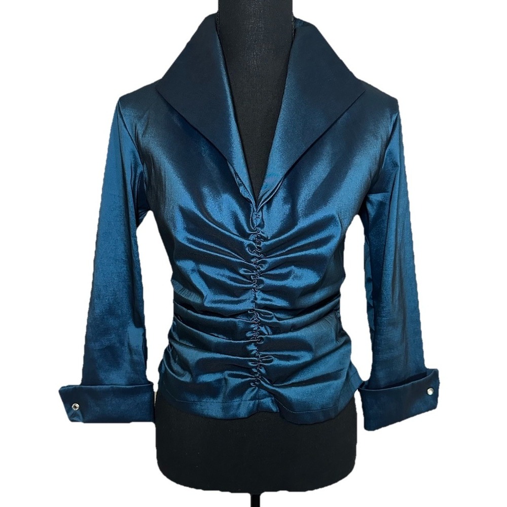 VTG Tadashi Women's Pit to Pit 17" Iridescent Teal Metallic Satin‎ Ruched Blouse